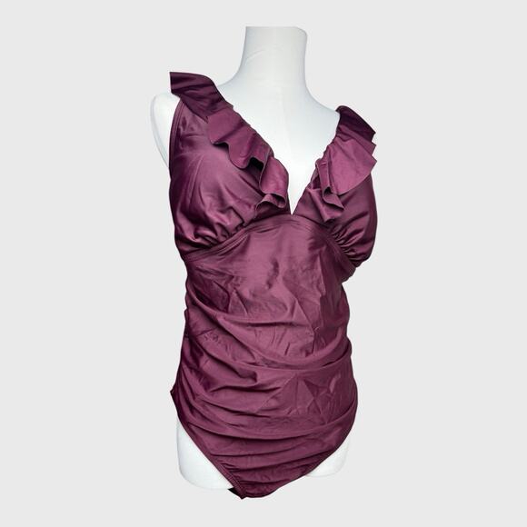 Kona Sol Womens One Piece Shirred Wrap Swimsuit Size 14W Purple Tummy Control - Picture 2 of 16